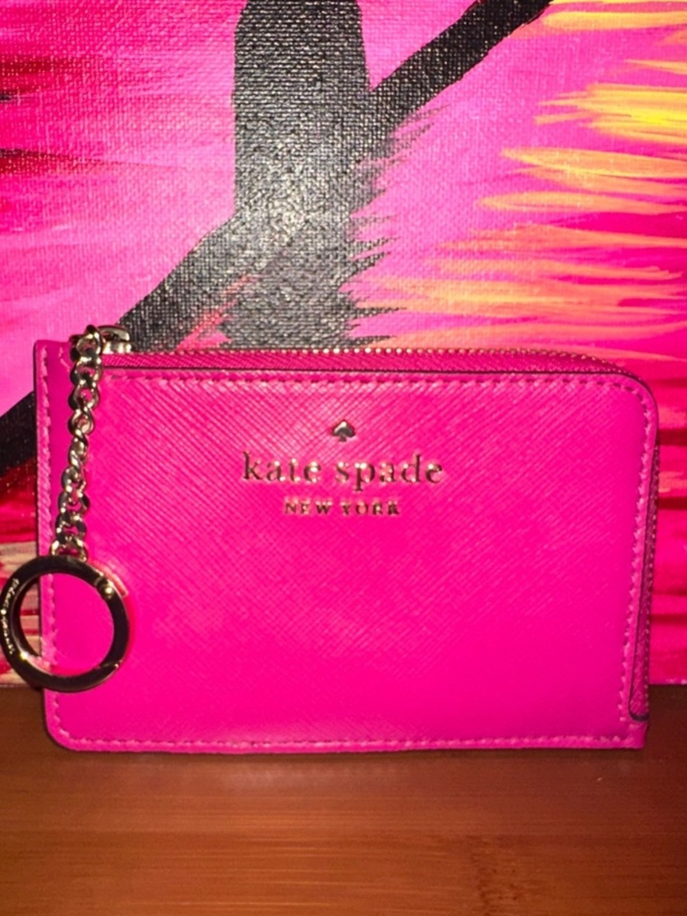 kate spade Hot Pink Zip Card Holder with Key Ring NWOT W38